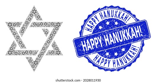 Happy Hanukkah Exclamation unclean round watermark and vector recursion mosaic david star. Blue stamp seal contains Happy Hanukkah Exclamation tag inside round shape. Vector mosaic is made with
