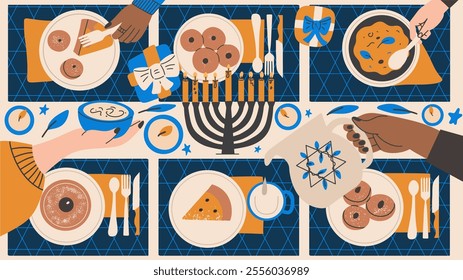 Happy Hanukkah family dinner. Traditional symbols of the holiday, festive meals. Hand draw vector illustration. 