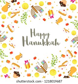 Happy Hanukkah festival background with decorated with food elements and candelabra for Jewish Holiday celebration.