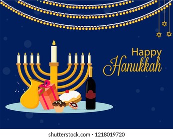 Happy Hanukkah festival celebration background with illustration of festival food elements and candelabra on blue background.