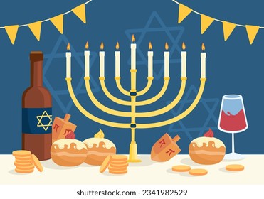 Happy Hanukkah festival concept. Golden candlestick with glass of wine and buns with honey. Traditional Jewish holiday. Poster or banner for website. Cartoon flat vector illustration