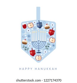 Happy Hanukkah, Festival of Light greeting card, invitation with Jewish symbols. Dreidel toys, apples, doughnuts, Chanukia candle holder, David stars and flowers. Vector illustration background.