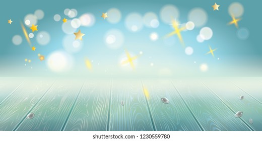 Happy hanukkah festival of lights bokeh lights abstract background, rustic wood table, copy space for your text, vector template, layout. Jewish Holiday decoration, frame place for wishes text.