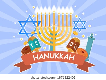 Happy hanukkah festive card. Concept of celebrating cpecial ethnic holidays. Flat cartoon vector illustration