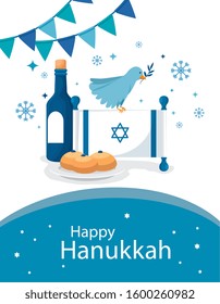 happy hanukkah with flag israel and icons vector illustration design