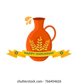 Happy Hanukkah. Hanukkah flat design - clay jug with vintage ribbon on white background. Vector illustration EPS 10