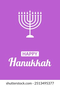 Happy Hanukkah, flat vector design for poster, banner or greeting card. Text Happy Hanukkah and candlestick on purple background.