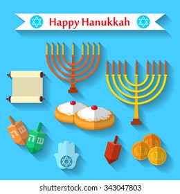 Happy Hanukkah flat vector icons set with dreidel game, coins, hand of Miriam, palm of David, star of David, menorah, traditional food, torah and other traditional items.