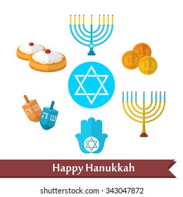 Happy Hanukkah flat vector icons set with dreidel game, coins, hand of Miriam, palm of David, star of David, menorah, traditional food, torah and other traditional items.
