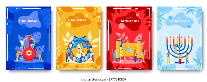 Happy hanukkah flyer, magazines, poster, book cover, banners. Grain texture and noise effect. People character with items around equipments concept background.