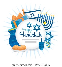 happy hanukkah in frame circular with set decoration vector illustration design