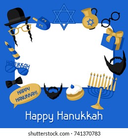 Happy Hanukkah frame with photo booth stickers. Accessories for festival and party.