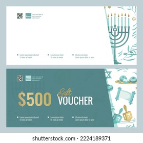 Happy Hanukkah Gift Voucher Coupon discount. Set of elegant gift certificate templates with holiday pattern. Shopping concept.  Vector flat illustration