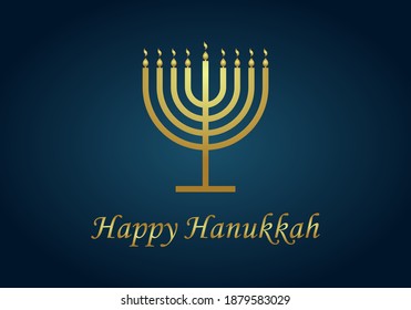 Happy hanukkah. Gold menorah of hanuka on blue background. Jewish chanukah with menora, candles and oil. Card for judaism festival or party. Banner of hannukah. Hebrew illustration with text. Vector.