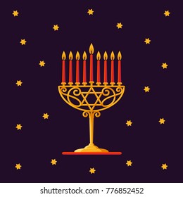 Happy Hanukkah. Gold menorah with red candles and stars on dark background for your greeting card design. Vector illustration