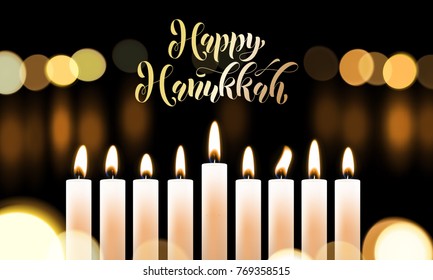 Happy Hanukkah Golden Font And Candles Jewish Holiday Greeting Card Design Template. Vector Chanukah Or Hanukah Holy Lights Festival Golden Calligraphy Text And Menorah Candelabrum Candle Light.