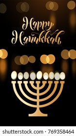 Happy Hanukkah golden font menora candle lights candelabrum for Jewish lights festival holiday greeting card. Vector Chanukah or Hanukah golden calligraphy text and candle light with bokeh effect.