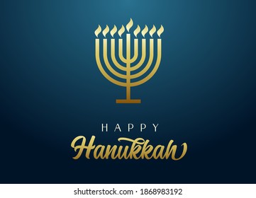 Happy Hanukkah golden menorah with lettering, candles and flame light on blue background. Jewish holiday hanuka vector illustration