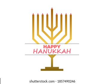 Happy Hanukkah. Golden Menorah with nine candles isolated on white background. Jewish festival greeting card. Vector illustration