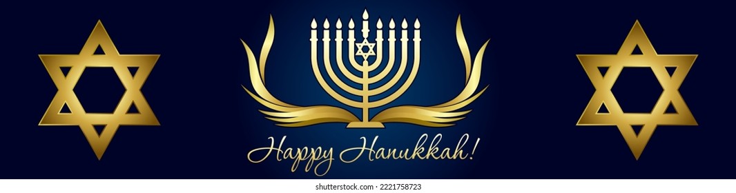 Happy Hanukkah, Golden Menorah For Social Media Banner. Jewish Holiday Hanukka Greeting Card With Traditional Chanukah Symbol Menorah Candles And David Star. Vector Template