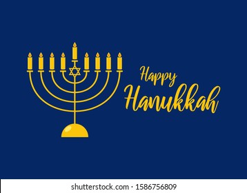 Happy Hanukkah golden menorah vector. Golden candlestick on a dark background. Happy Hanukkah greeting card. Jewish holiday Hanukkah. Falling Jewish stars. Important day