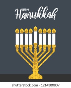 Happy Hanukkah - golden menorah, white candles, vector illustration