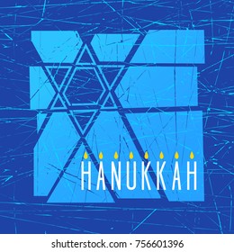 Happy Hanukkah greeting card with abstract star of David and menorah. Scratched texture and blue background. For cards, banners, posters.