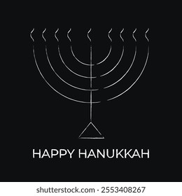 Happy Hanukkah greeting card, background, poster. Modern vector design for traditional holiday. White chalk on black background. Menorah with candles. Flat vector illustration.