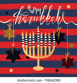 Happy Hanukkah greeting card, background. Hand rawn vector illustration. Beautiful menorah with candles and handning David stars with lettering/calligraphy greetings