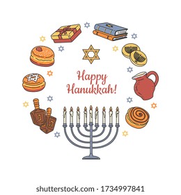 Happy Hanukkah greeting card or banner with candlestick and star of David, cartoon vector illustration isolated on white background. Jewish holiday celebrating poster.