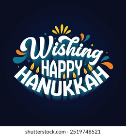 Happy Hanukkah greeting card banner illustration with 3d text edtable vector on blue background. Hanukkah banner, poster, template. Celebration colorful elements for traditional festival.