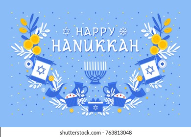 Happy Hanukkah greeting card. Banner, flyer, card template with traditional Hanukkah symbols menorah, dreidel, sufganiyah, torah.