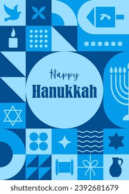 Happy Hanukkah greeting card. Bauhaus background with simple shapes and elements. Trendy minimalist card. Vector illustration in neo geometric style. Traditional Jewish festival of Lights.