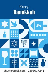 Happy Hanukkah greeting card. Bauhaus background with simple shapes and elements. Trendy minimalist card. Vector illustration in neo geometric style. Traditional Jewish festival of Lights.