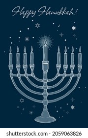 Happy Hanukkah greeting card. blue and silver poster print. Vector vintage illustration.