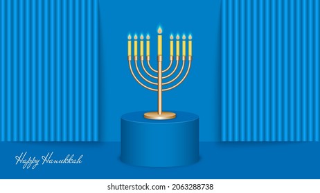 Happy Hanukkah greeting card blue mockup. 3d composition of a menorah with nine candles on a pedestal against the backdrop of open backstage.