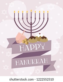 Happy Hanukkah greeting card with candle and decor. Editable vector illustration