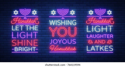 Happy Hanukkah, A Greeting Card Collection In A Neon Style. Vector Illustration. Neon Luminous Text On The Subject Of Chanukah. Bright Banner, Luminous Festive Sign. Jewish Holiday.