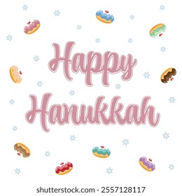 Happy Hanukkah greeting card with colorful jelly donuts and bright blue stars of david on a white background