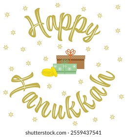 Happy Hanukkah greeting card with colorful gift boxes, coins and stars of David on a white background vector illustrator