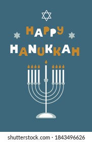 Happy hanukkah greeting card with creative symbols in flat style. Modern vector design 