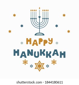 Feliz tarjeta de felicitación de hanukkah con símbolos creativos de estilo plano sobre fondo blanco. Diseño vectorial moderno	
