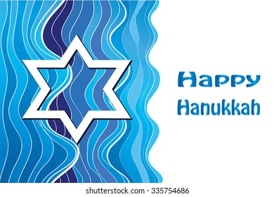Happy Hanukkah greeting card with David star. Vector illustration Jewish Holiday - jewish star and greeting text. Blue Horizontal Hanukkah page design, banner, invite. For Jewish New Year. Eps 10.