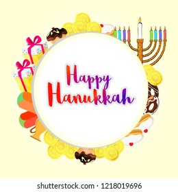 Happy Hanukkah greeting card design with gift boxes, candelabrum and food elements on yellow background.