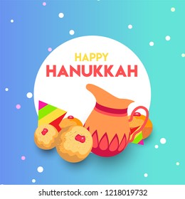 Happy Hanukkah greeting card design with festival food elements illustration for Jewish Holiday celebration.