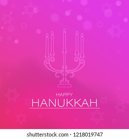 Happy Hanukkah greeting card design with traditional menorah (Candelabrum) on purple background.