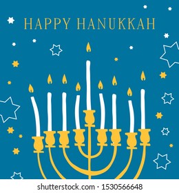 Happy Hanukkah. Greeting card design template with mehorah and candles. Hand drawn sketch vector illustration on blue background