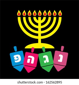 Happy Hanukkah greeting card design. Vector illustration. With Hebrew letters "Great Miracle Happened Here"