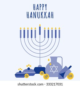 Happy Hanukkah greeting card design. Vector illustration.