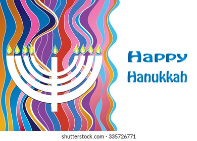 Happy Hanukkah greeting card design.  Hebrew greeting text. Vector illustration Jewish Holiday with Menorah and greeting text. Horizontal Hanukkah page design, banner, design element. Eps 10.